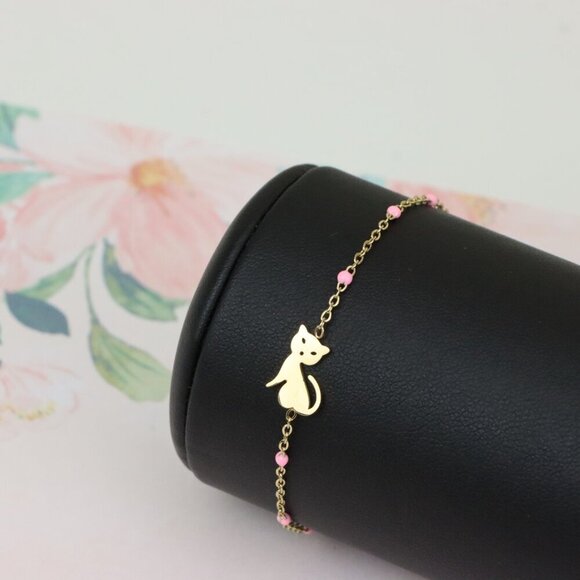 Elegant Yellow Bracelet with Cute Cat Charm and Pink Bead Details, XPBL0656 - Picture 5 of 12
